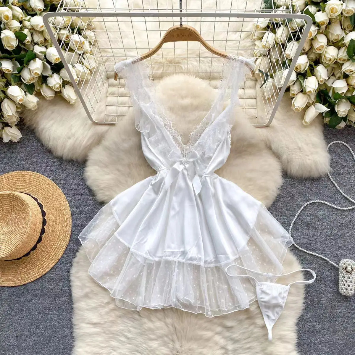 Womens Sexy Lingerie Lace Underwear Mesh See Through Teddy Babydoll For Women Naughty Cheongsam Dress Cosplay 241228Z