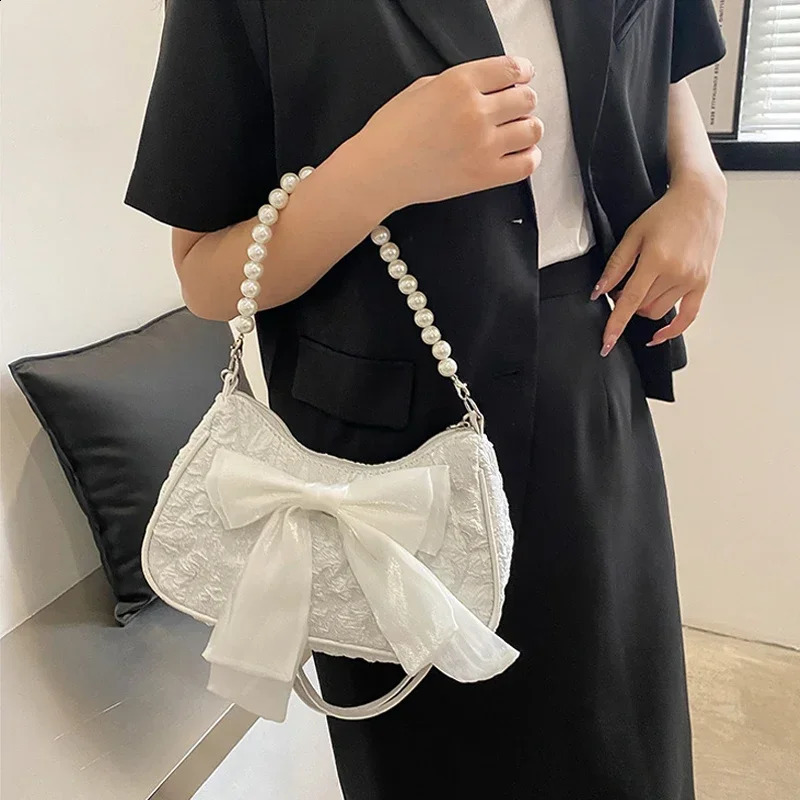 Pearl Female Bag Retro er Handbag Bow Crossbody Bags Fashion Canvas Womens 2024 Trend Shoulder bag Purses 250103