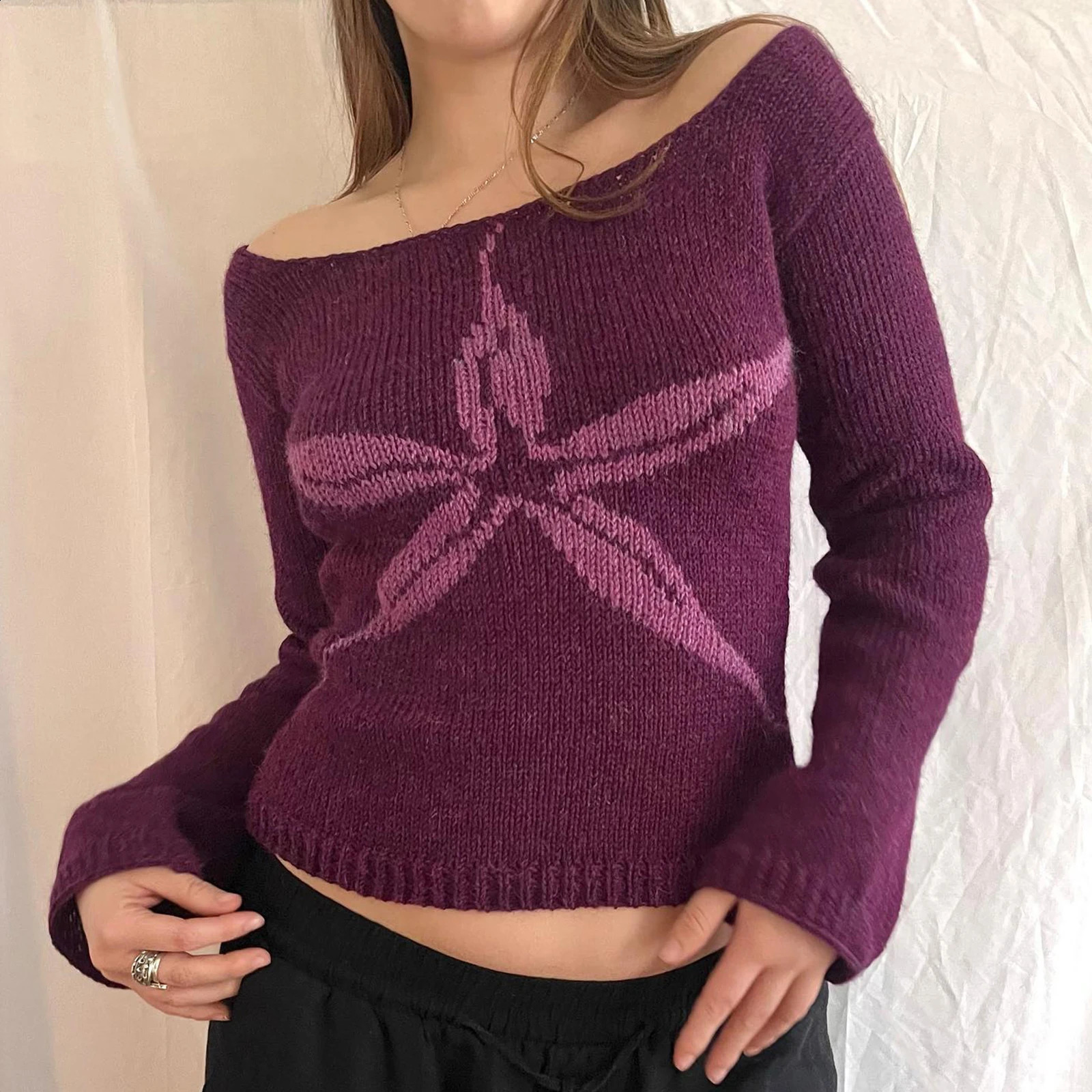Gaono Women Y2k Off The Shoulder Sweater Vintage Bow Graphic Fitted Pullover Tops Cute Fall Knit Tops Vintage Streetwear 241220
