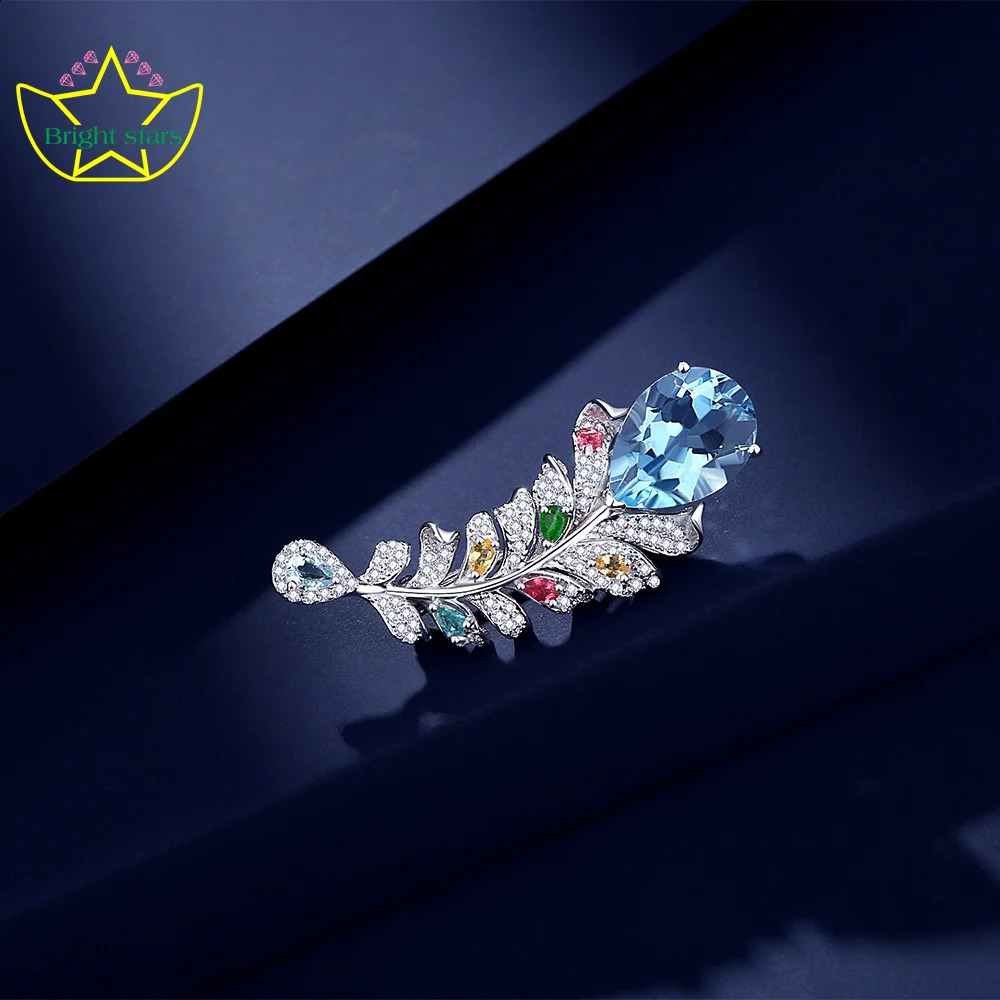 Bright Stars s925 Sterling silver Sky Blue Topa stone feather brooch upscale womens clothing accessories 241227
