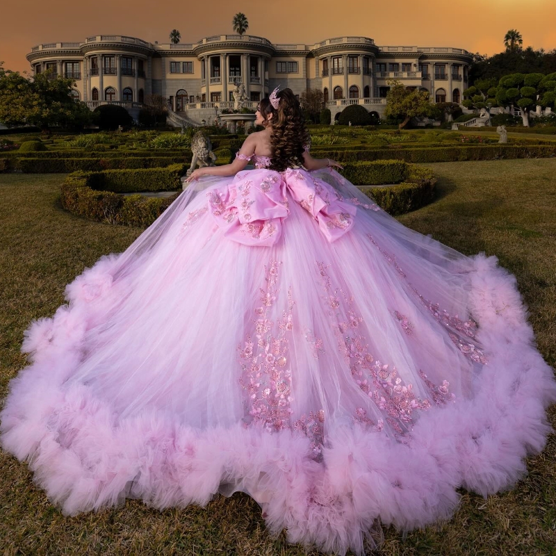 Pink Shiny Quinceanera Dresses Ball Gown Off Shoulder Applique Lace Beads Tull Tiered Sweet 16 Dress Vestidos De 15 Anos