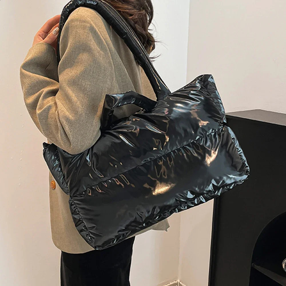 Winter Nylon Quilted Tote Bags for Women Puffy Space Cotton Shoulder Bag Autumn Warm Down Padded Handbag Shopper Purses 241227