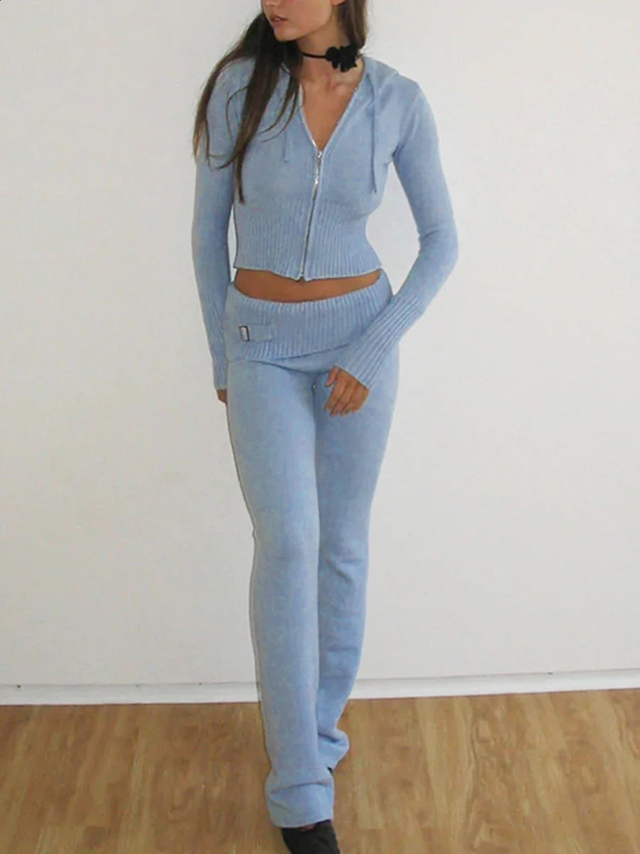 Women Fall 2 Piece Outfits Ribbed Knit Slim Fit Long Sleeve Zip Up Crop Jacket Skinny Flare Pants Loungewear Sets 241228bjbj