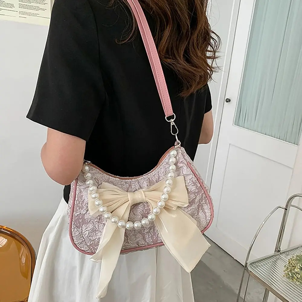 Butterfly Ribbon Shoulder Bag Fashion PU Leather Large Capacity Underarm Bag Pearls Crossbody Bag Women Girls 241223