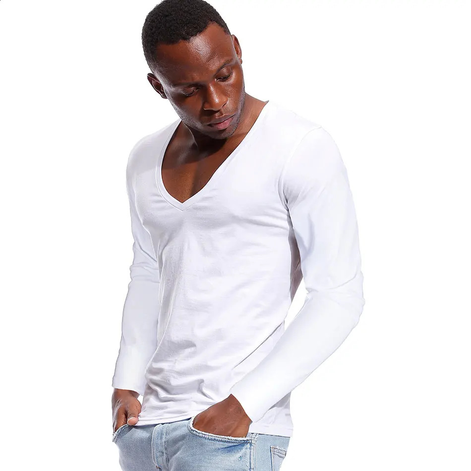 Deep V Neck Tshirt for Men Low Cut Wide Collar Top Tees Male Pure Cotton Slim Fit Long Sleeve Men T Shirt 241224