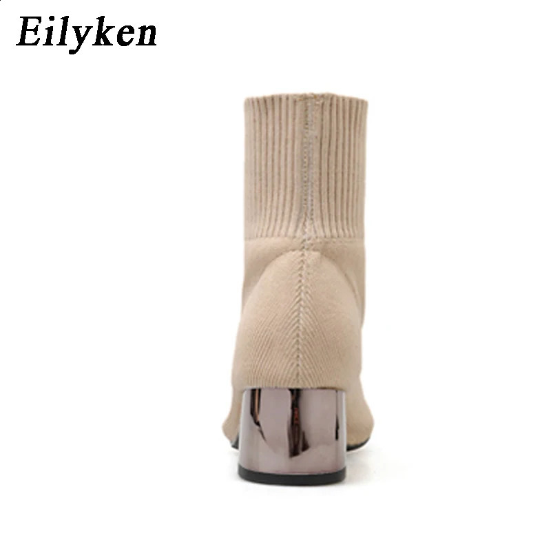 EilyKen Autumn Winter Knitted Stretch Fabric Socks Women Low Heel Short Boots Gray Pointed Toe Female Ankle Booties 241223