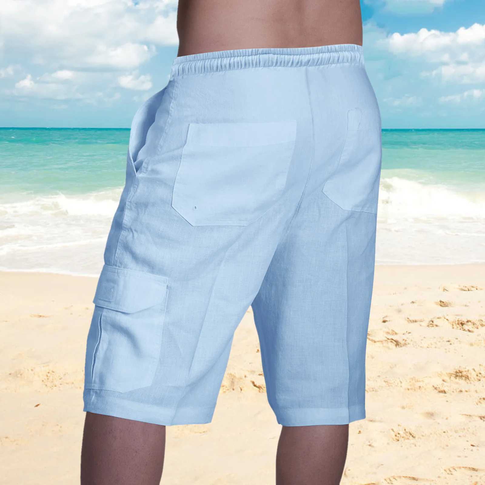 White linen mens summer casual multi pocket sports shorts mens fashionable elastic waist breathable beach shorts W241228