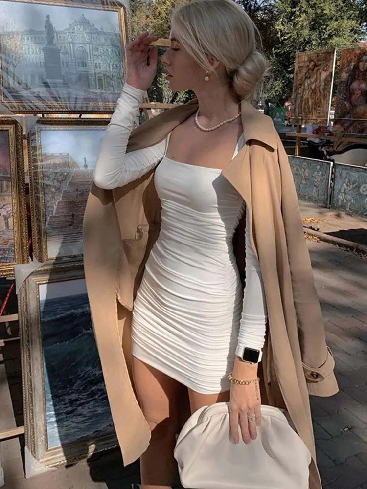 uched Solid Women Long Sleeve Mini Dress Bodycon Sexy Party Elegant Streetwear 2023 Autumn Winter Club White Clothes 241228Z