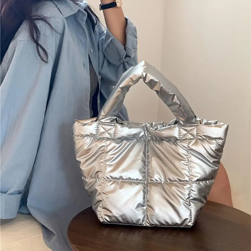 Korean Style Space Cotton Tote Bag Large Capacity Silver Cloud Bag Lightweight Solid Color Nylon Handbag Autumn Winter 241227
