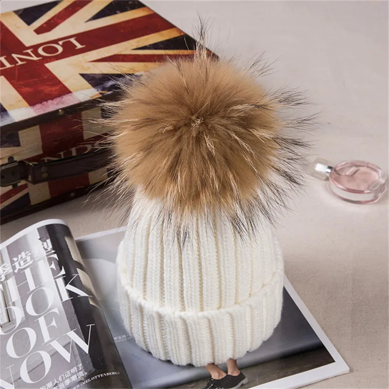 Winter Female Real Raccoon Fur Pom Poms Hat For Boys Girl Hat Knitted Cap Thick Women Skullies Beanies 241227