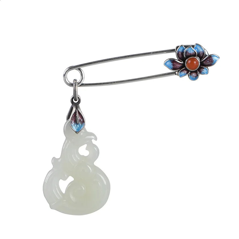 S925 Sterling Silver Brooches for Women Womens Fashion Enamel Lotus Inlaid Jade Phoenix Pin Corsage Jewelry Wholesale 241227