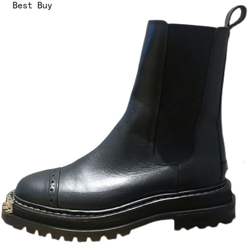 British Style Round Toe Flats Ladies Shoes Fashion Golden Tooth Decor Chunky Bottom Women Mid-Calf Short Boots