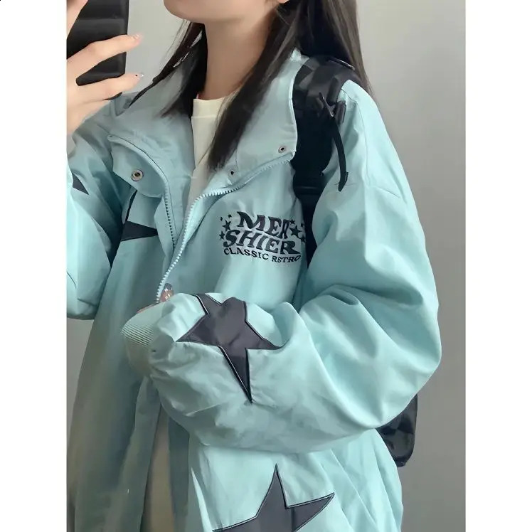 Spring Star Patchwork Jacket Female Kawaii Trend Couple Cardigan Embroidered American Street Campus Loose Coat 241224