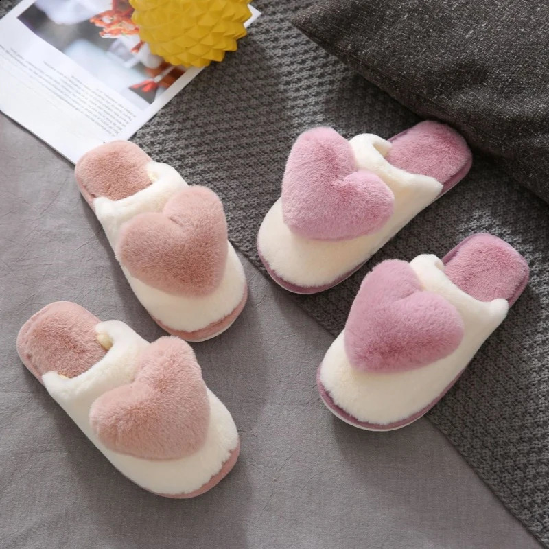 Autumn Winter Women Heart Shaped Home Slippers Ladies Fashion Indoor Warm Fluffy Slides Females Cute Casual Nonslip Plush Shoes 241223