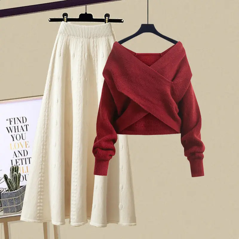 Autumn and Winter Womens Set 2024 Lazy Knitted Vneck Sweater Slimming Half Skirt Two Piece Trendy 241220