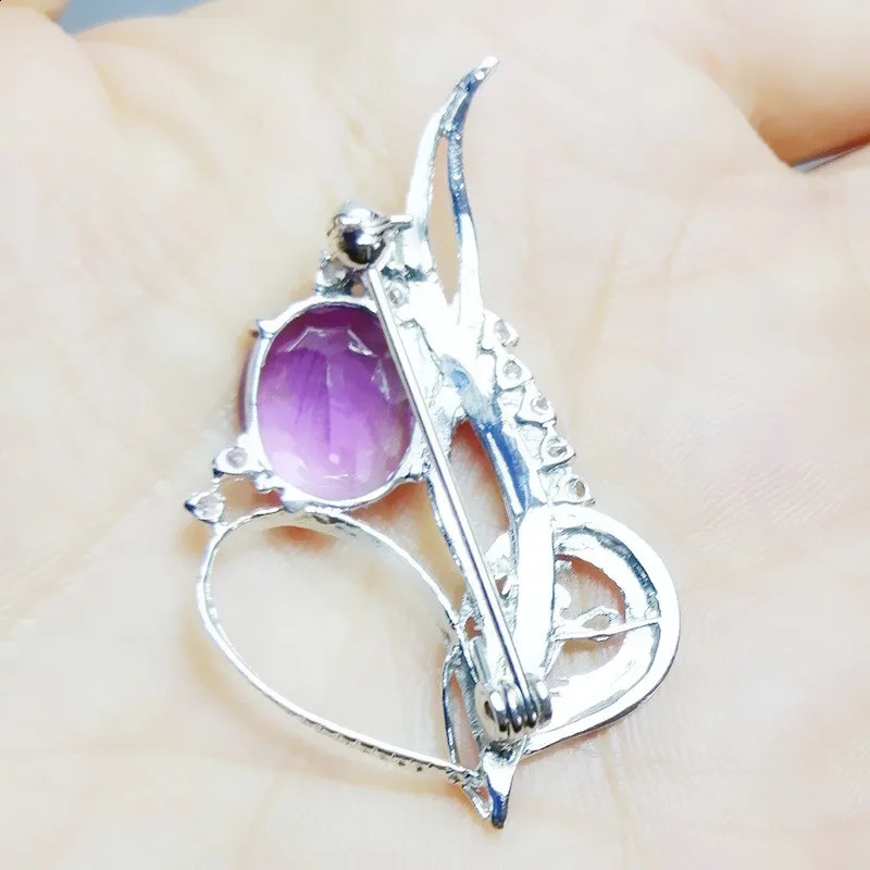 Natural real purple amethyst brooch pins Y style 925 sterling silver 10*12mm 4.5ct gemstone Fine jewelry C9021101 241227