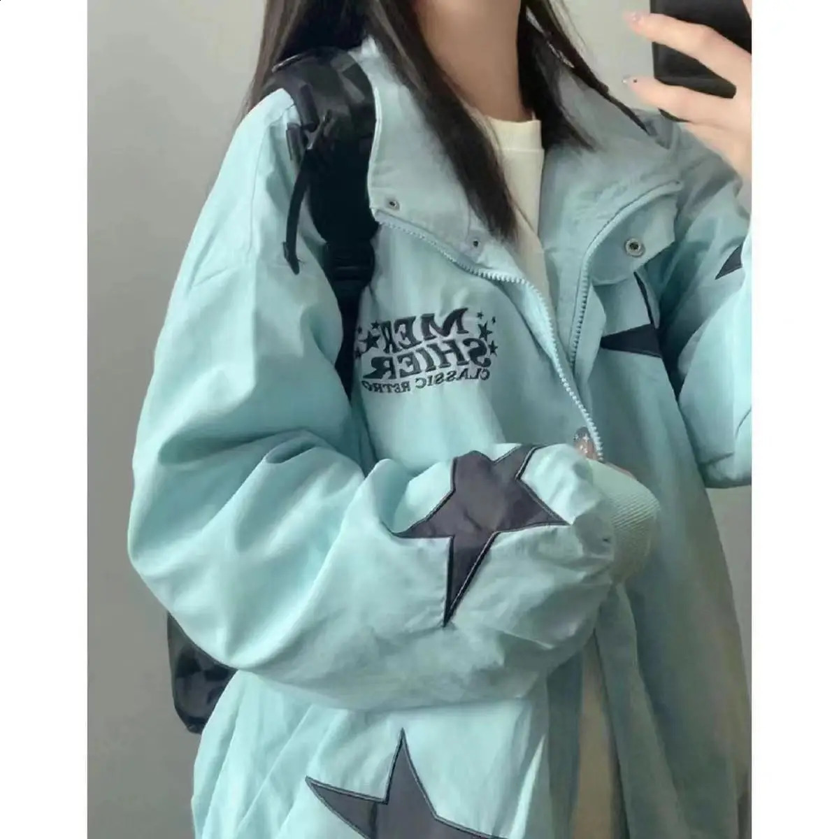 Spring Star Patchwork Jacket Female Kawaii Trend Couple Cardigan Embroidered American Street Campus Loose Coat 241224