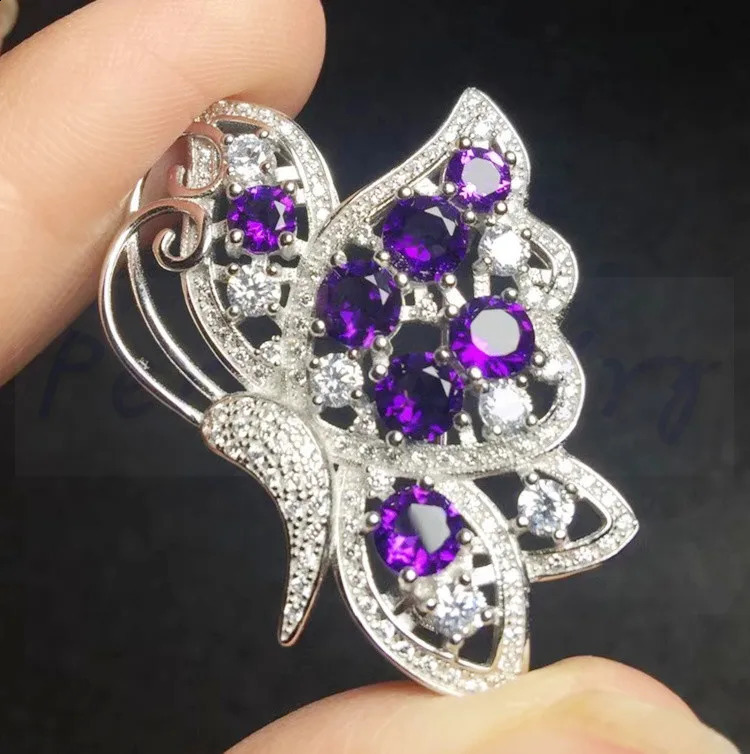 Natural real amethyst or emerald butterfly style brooch pins 925 sterling silver 0.2ct*7pcs gemstone T8100914 241227
