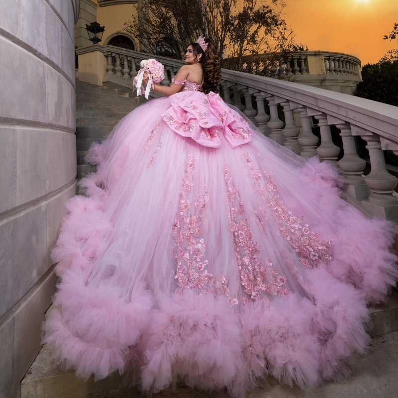 Pink Shiny Quinceanera Dresses Ball Gown Off Shoulder Applique Lace Beads Tull Tiered Sweet 16 Dress Vestidos De 15 Anos