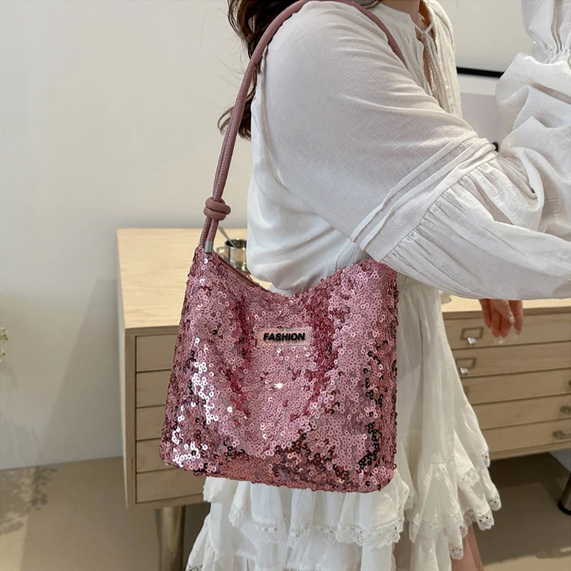 Fashion Shiny Sequins Bag Underarm Shoulder Bag for Women TLXT PU Leather Bling Small Bucket Messenger Bag Fashion Designer Shopping Silver Handbags