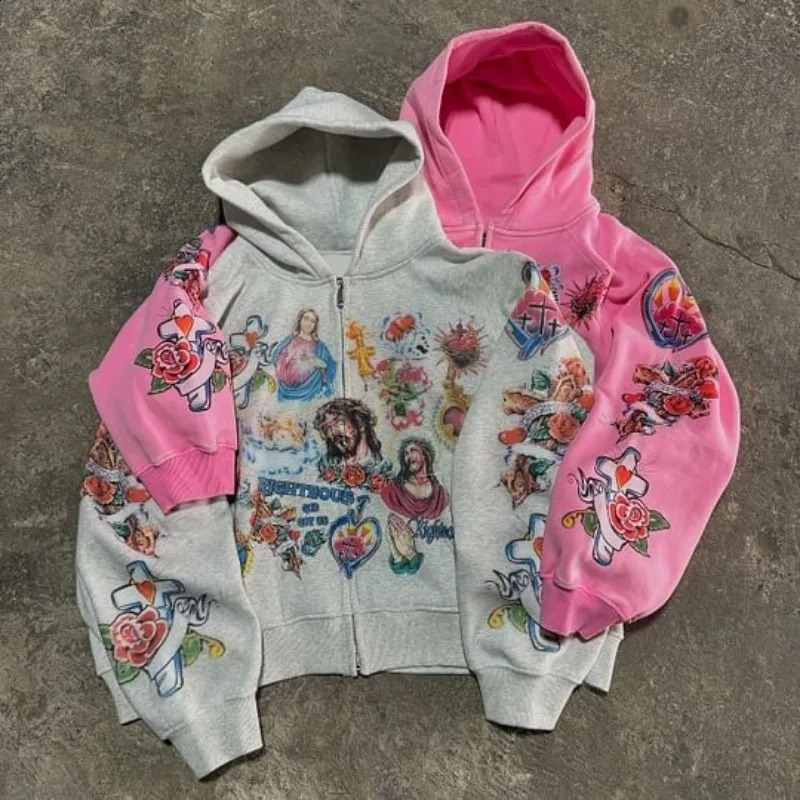 Vintage Risen King Graphic Print Oversized Zip-Up Hoodie Men Y2K Autumn Long Sleeves Casual Sweatshirt Streetwear Women Tops 241228