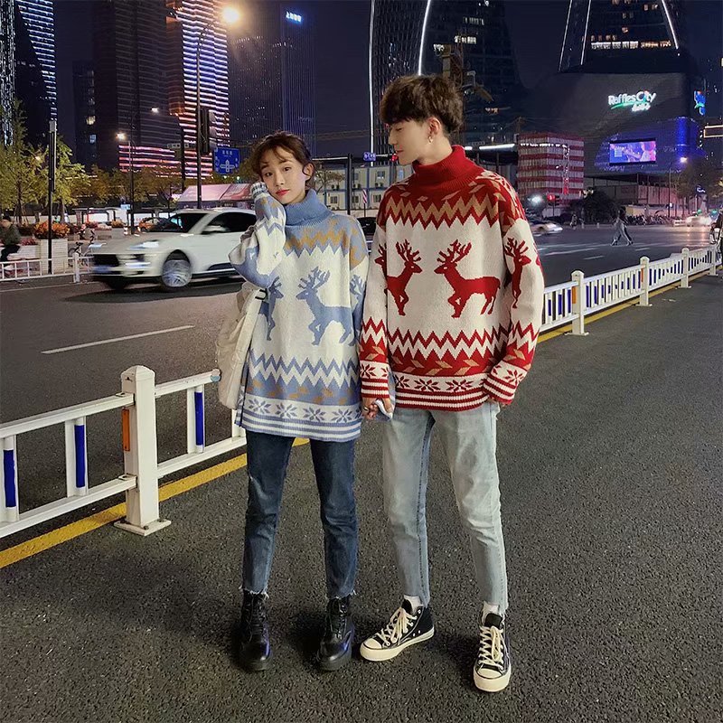 Christmas Sweater Men Autumn Turtleneck Pullover Gengar Spacious Print Patchwork Jumpers Warm Knit Oversized Ugly Sweater Unisex S251110