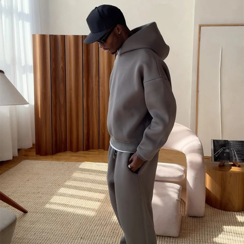 Mens Casual Solid Hooded Pullover Straight Pants 2 Piece Set Tracksuit For Fashion Loose Hoodies Sweatshirt Wide Leg Sweatpants 250906