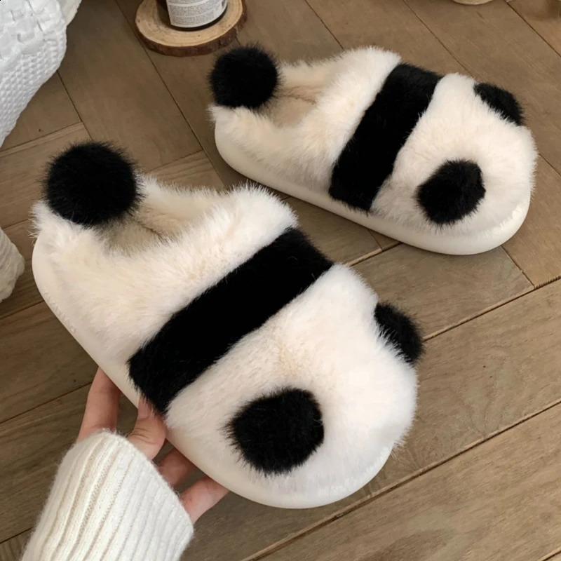 Winter Indoor Panda Slippers Women Flat Furry Home Cartoon Cotton Shoes Female Cute Animal Warm Nonslip Slides 241223