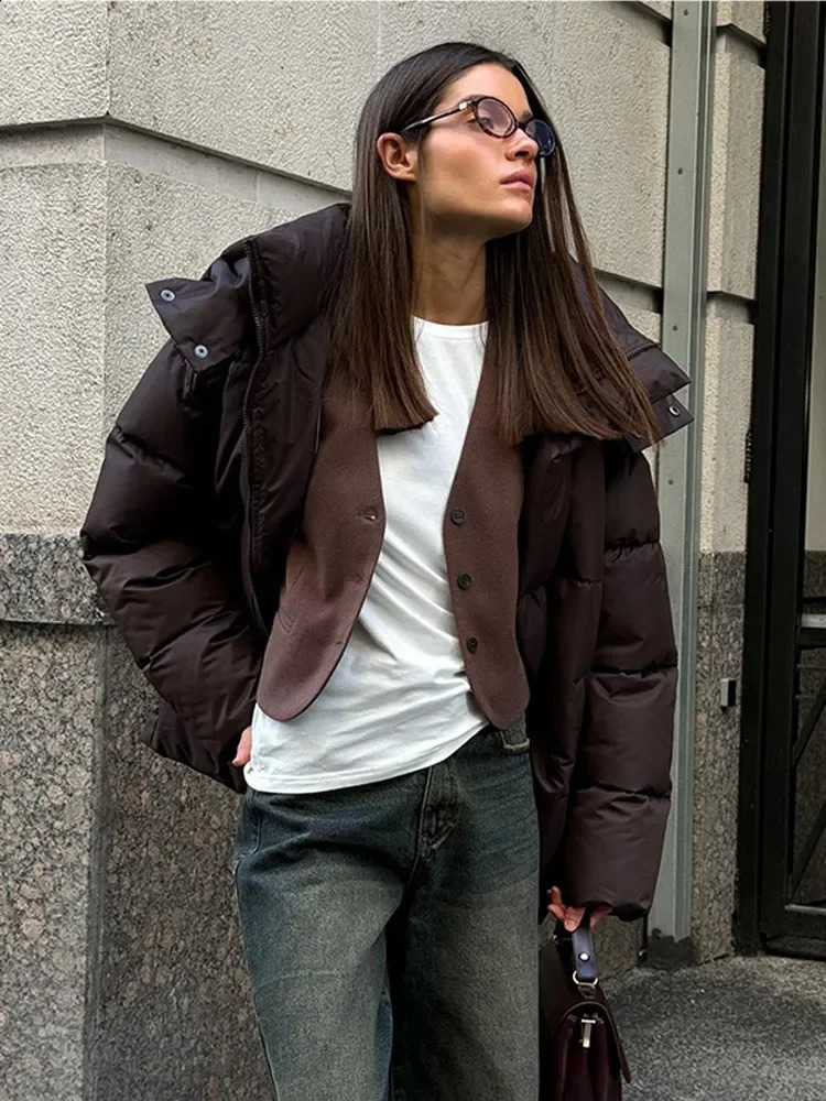Women Thicken Hooded Down Overtised Cotton Jacket Fashion Long Sleeve Lapel Womens Coat Winter Lady Warm Commute Overcoat 241228