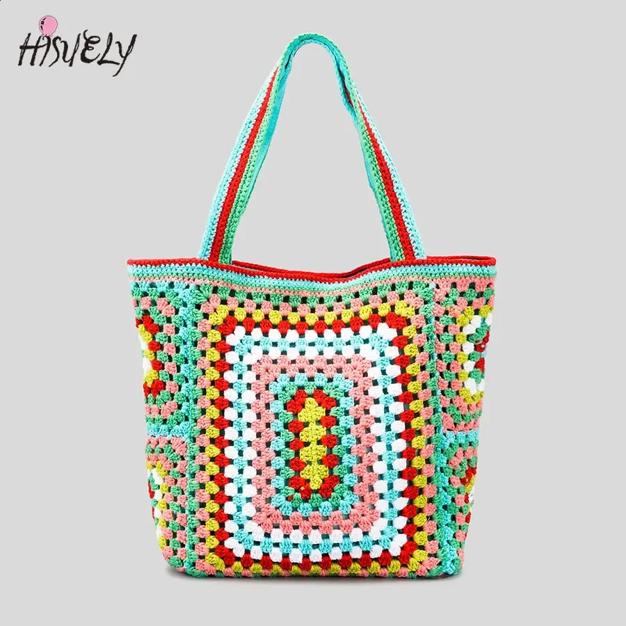 Bohemian Crochet Women Shoulder Bags Knitting Large Capacity Tote Bag Casual Lady Handbags Big Shopper Purses Summer Beach 241225