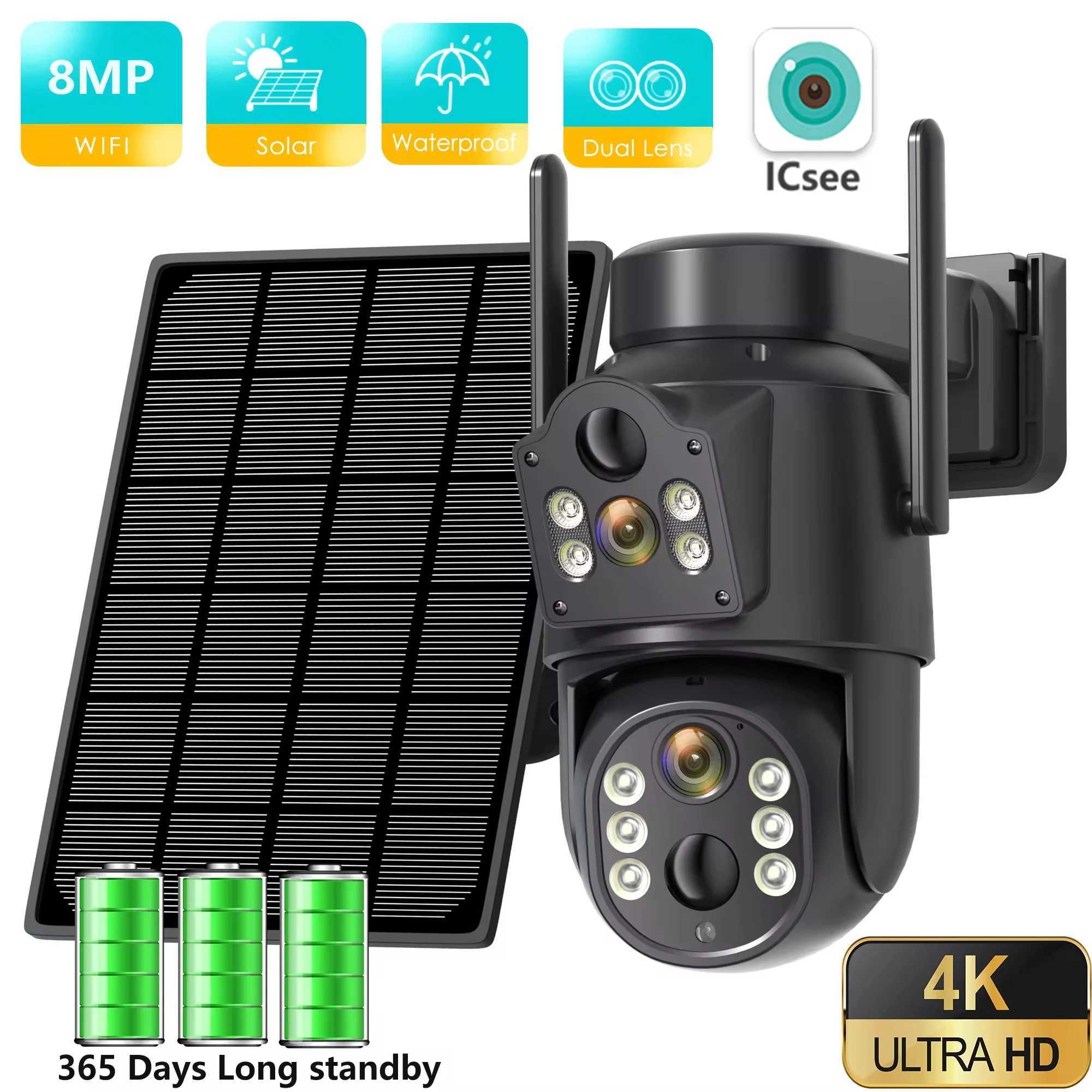 4K HD Solar WiFi Camera Outdoor Built-in Battery Dual Lens 2K Security Camera Solar Panel Wireless Video Surveillance CCTV iCSeeXJ241228