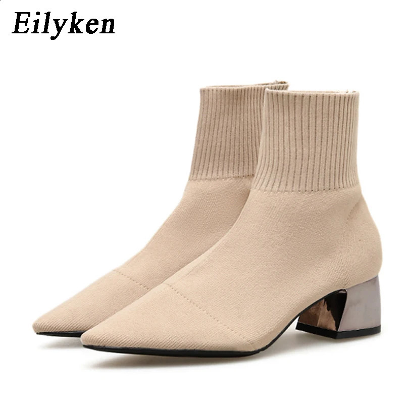 EilyKen Autumn Winter Knitted Stretch Fabric Socks Women Low Heel Short Boots Gray Pointed Toe Female Ankle Booties 241223