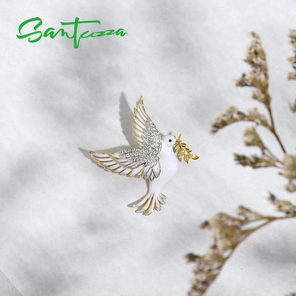 SANTUZZA Silver Brooch for Women Pure 925 Sterling Silver Yellow Gold Color Peace Bird Animal Jewelry Handmade Enamel 241227