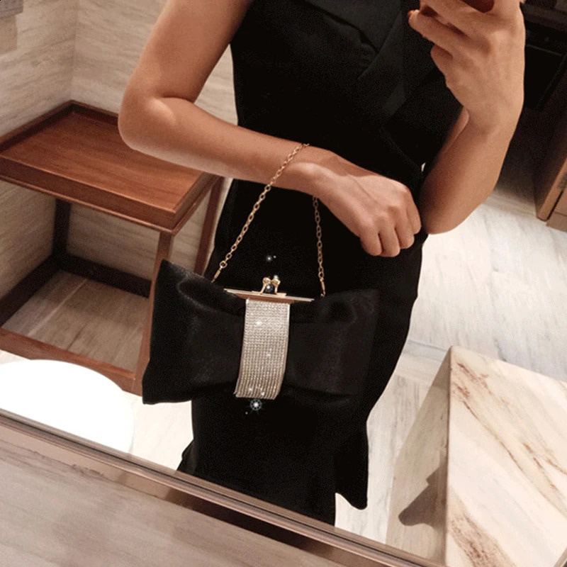 Luxy Moon Black Clutch Bag Women Bow Handbag Crystal Diamond Clutch Purse Party Wedding Bag Elegant Shoulder Bag ZD1469 241227
