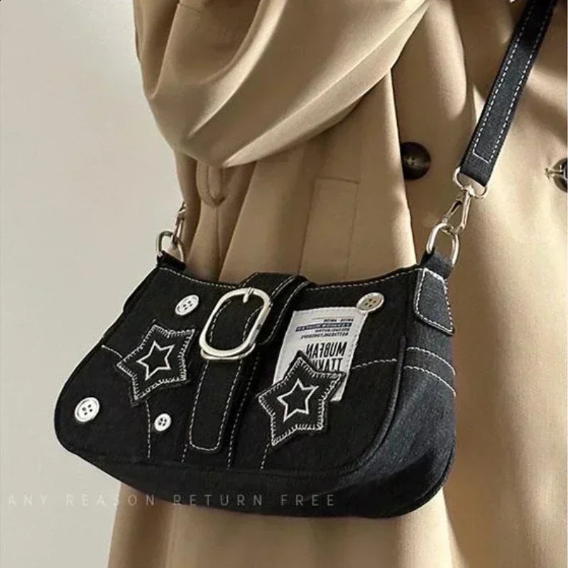 Y2k Fashion Womens Handbags Stars Pattern Cool Girls Underarm Bag Fashion Canvas Female Small Shoulder Bags Chain Tote Purses 241223