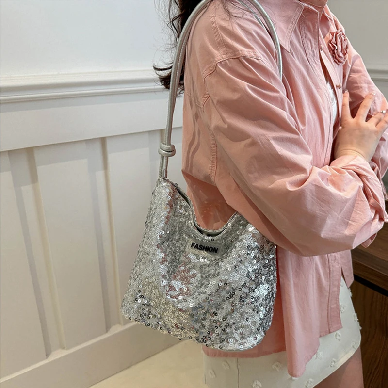 Fashion Shiny Sequins Bag Underarm Shoulder Bag for Women TLXT PU Leather Bling Small Bucket Messenger Bag Fashion Designer Shopping Silver Handbags