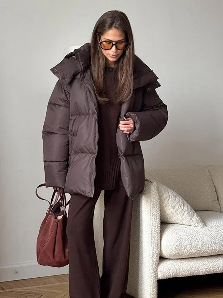 Women Thicken Hooded Down Overtised Cotton Jacket Fashion Long Sleeve Lapel Womens Coat Winter Lady Warm Commute Overcoat 241228