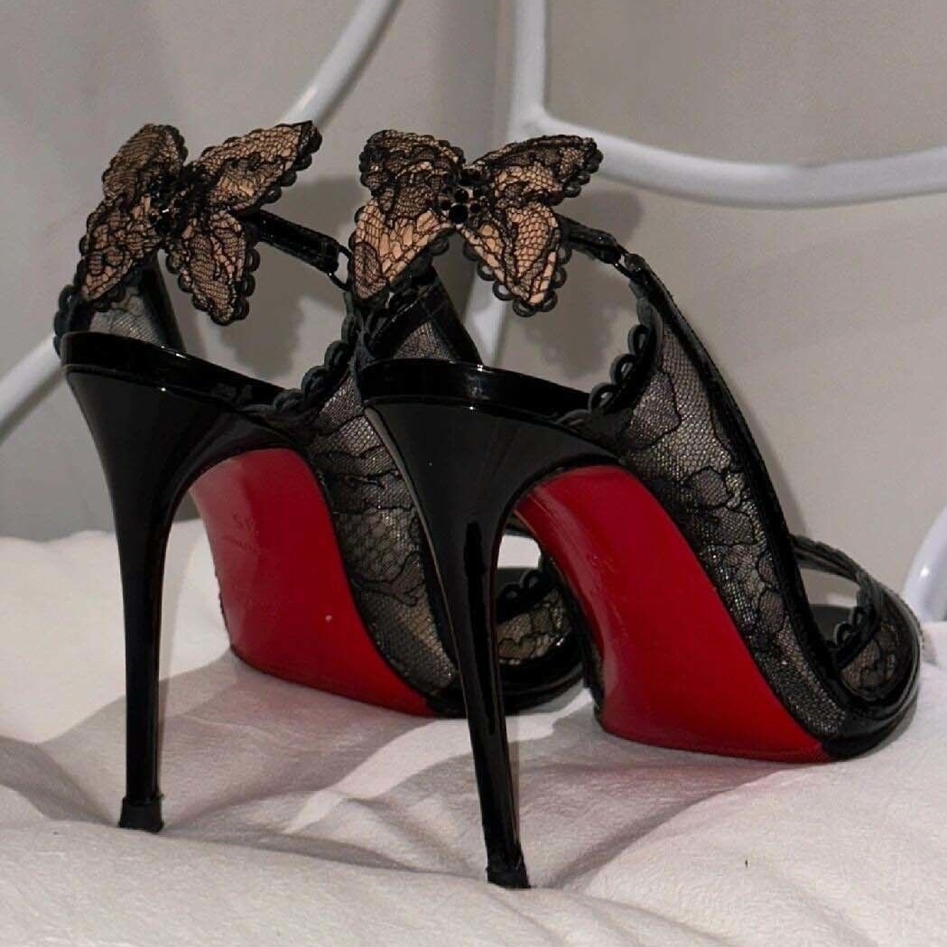 Lace Red Soled High Women's Slim Heels, Spring/Summer 2025 New Style, Hollowed Out Sexy Wedding Shoes, Black Patent Leather Fish Mouth Single Sho