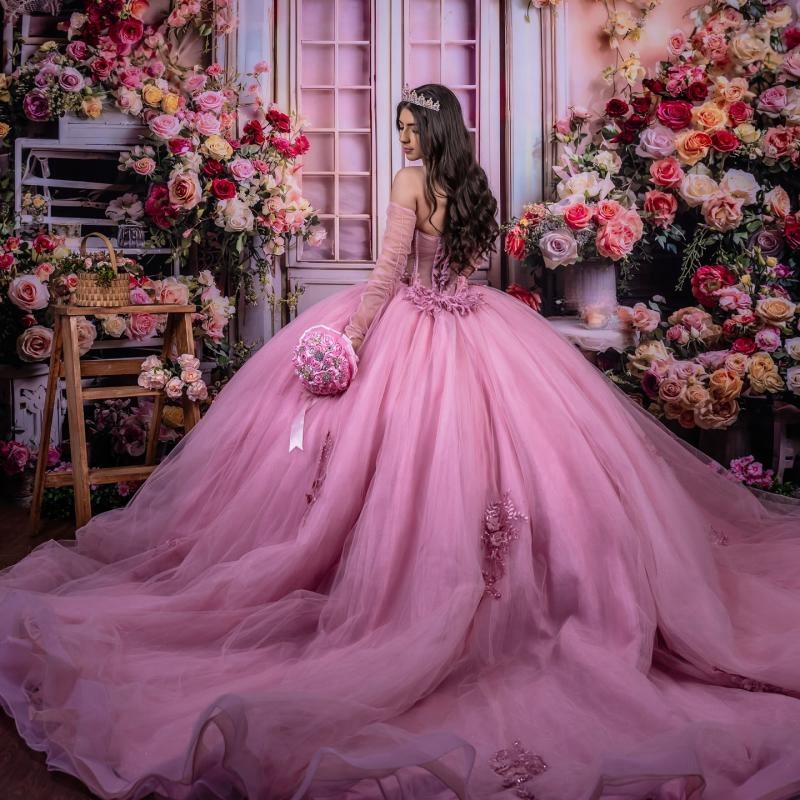Pink Quinceanera Dresses Ball Gown Off The Shoulder Applique Lace Beads Tull Corset Party Birthday Sweet 16 Vestido De 15 Anos