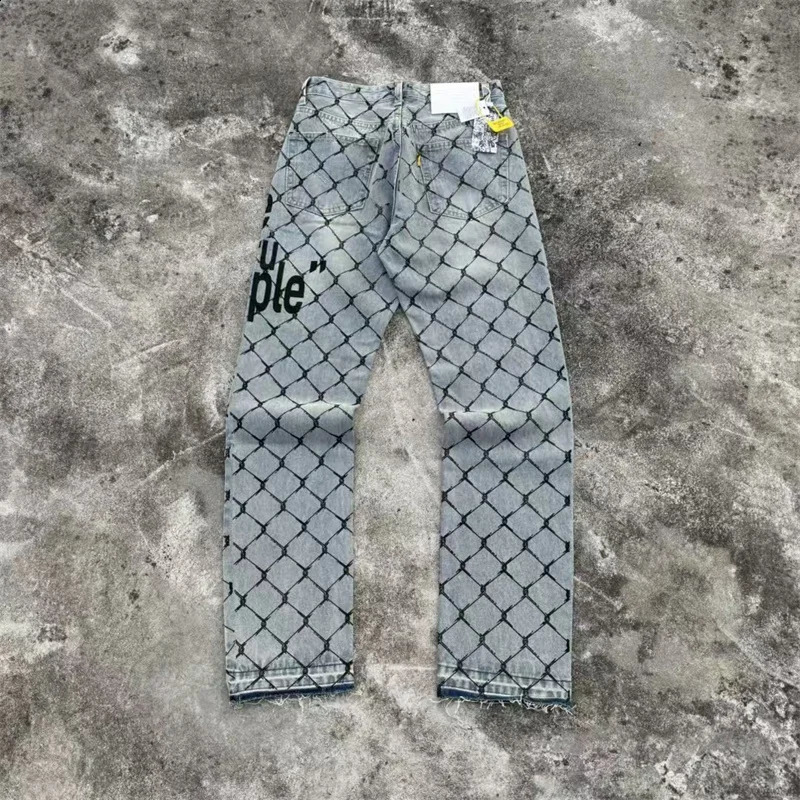 Spring Summer Hip Hop Womens Jeans Wire Mesh Letter Print Slim Straight Pants Casual Temperament 241228