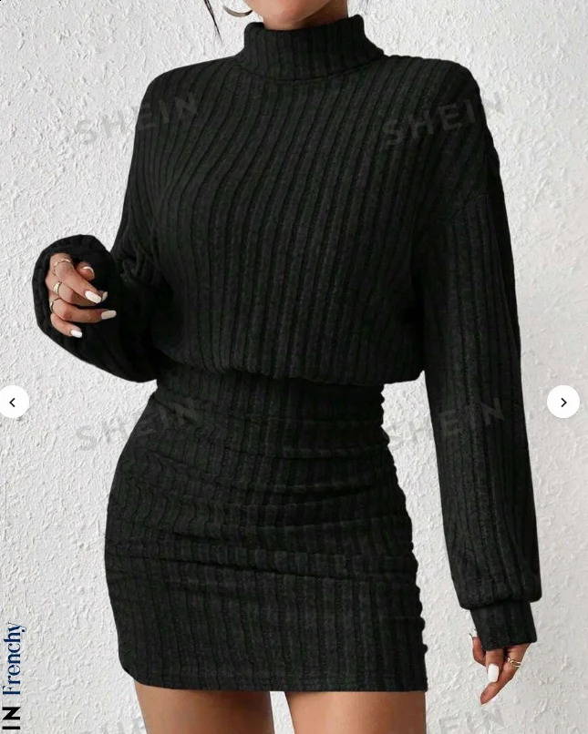 Womens Autumn Winter Fashion High Neck Knitted Sweater Dress Female Casual Solid Loose Long Sleeve Warm Mid Length Dresses 241228