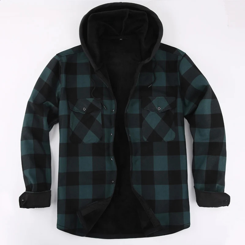 Autumn And Winter Mens Flannel Warm Long Sleeve Shirts Casual Fashion Comfortable Plaid Shirt With a Hood Male Clothes 241223