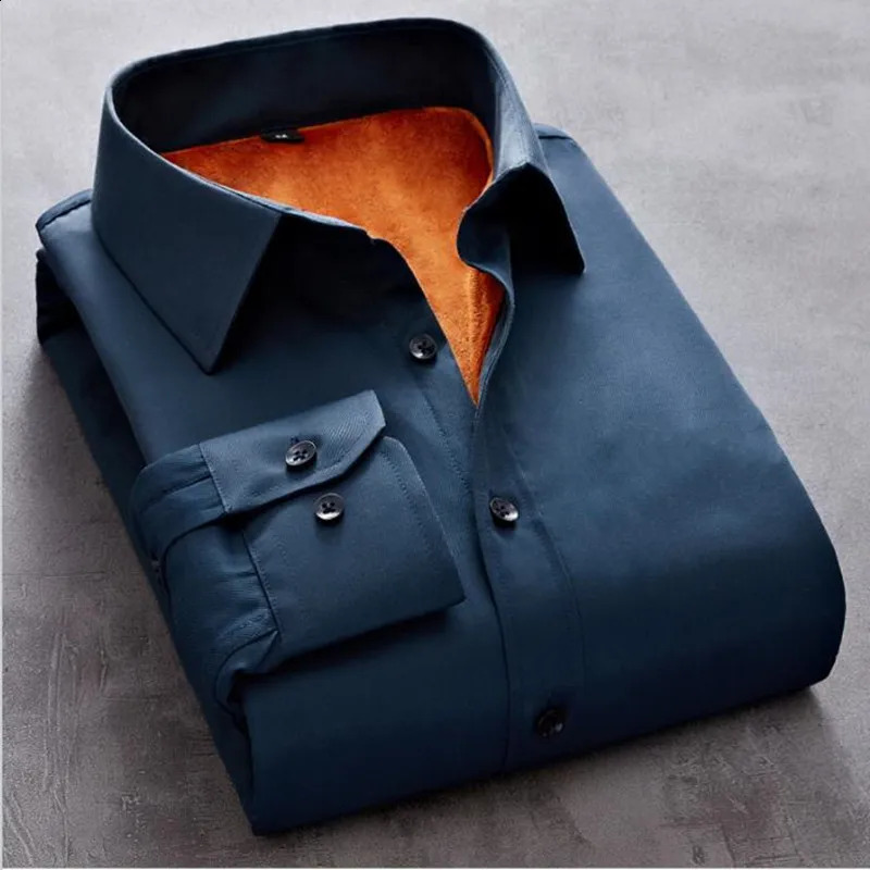 Mens Solid Fleece Warm Shirt Male Fashion Long Sleeve Business Big Size Print Plaid Thick 5XL Autumn Winter 241223