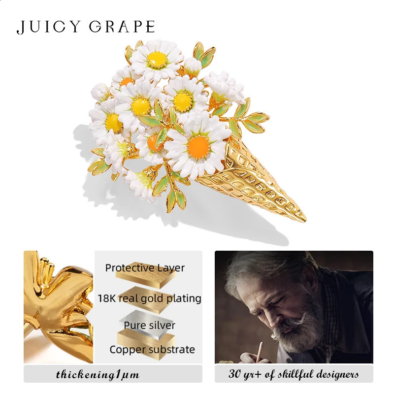 Juicy Grape Exquisite White Daisy Brooch Handmade Enamel Flower Brooch Copper with 18K Gold Plating Fashion Jewelry 241227