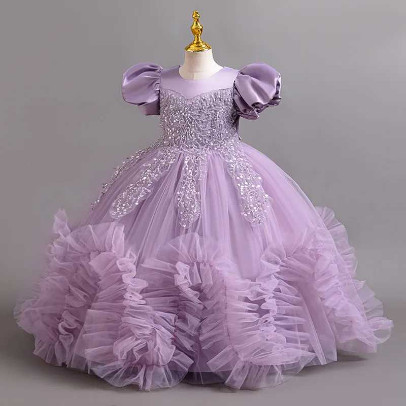 Girl's Dresses New handmade bead mesh with bubble sleeves suitable for girls Christmas weddings floral girls 3-12 year evening dresses Y250227BFH