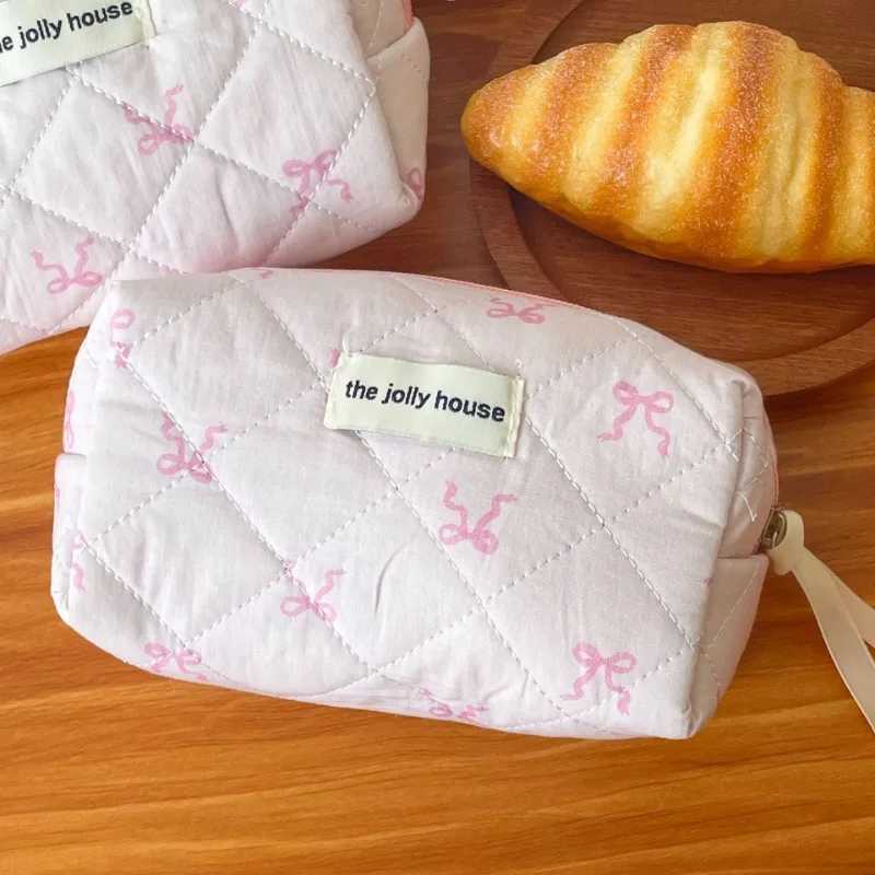 1pcs Cotton Pink Ribbon Bow Cosmetic Bag Large Capacity Soft Handbag Storage Bags Travel Organzier Pouch Women Makeup CaseXJ241228