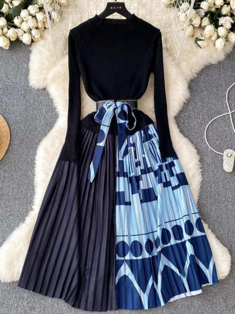 XFPV Women Light High Waist Print Patchwork Belt Aline Dresses Stand Collar Knit Vestidos Spring Summer 2025 SM10681 241228