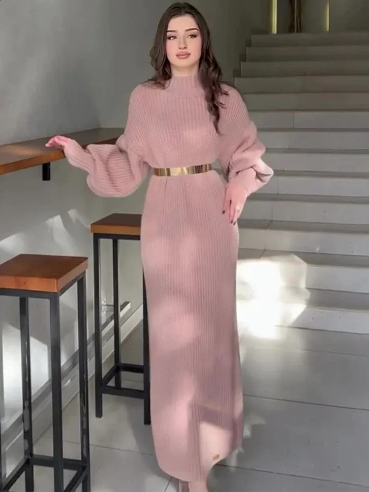 TARUXY Knitted Long Dress With Belt Womens Turtleneck Pullover Solid Sweater Dresses Fashion Long Sleeve Holiday Party Clothes 241224