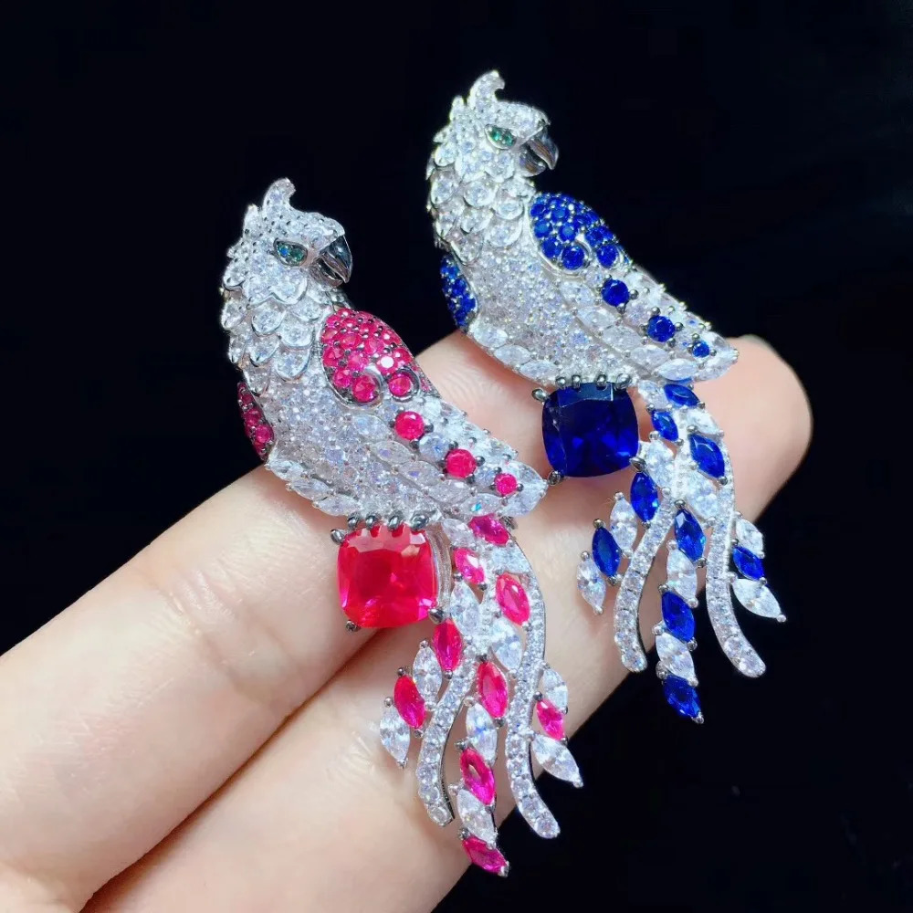 925 sterling silver with cubic zircon parrot brooch pins bird brooch red blue color fine women jewelry high quality 14*52MM 241227