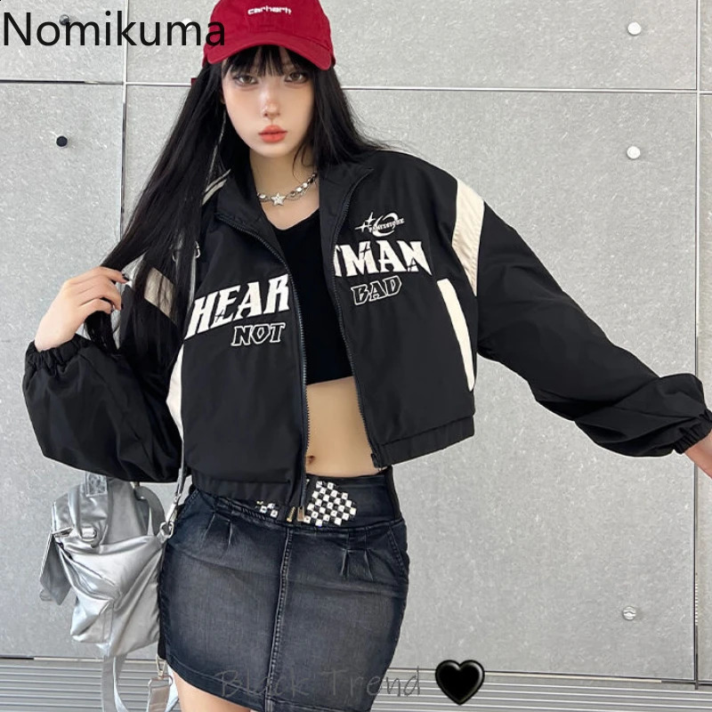 Streetwear Womens Jackets Crop Tops Turndown Collar High Waist Letter Outwear Ropa Mujer Casua Zipper Fashion Y2k Coats 241224